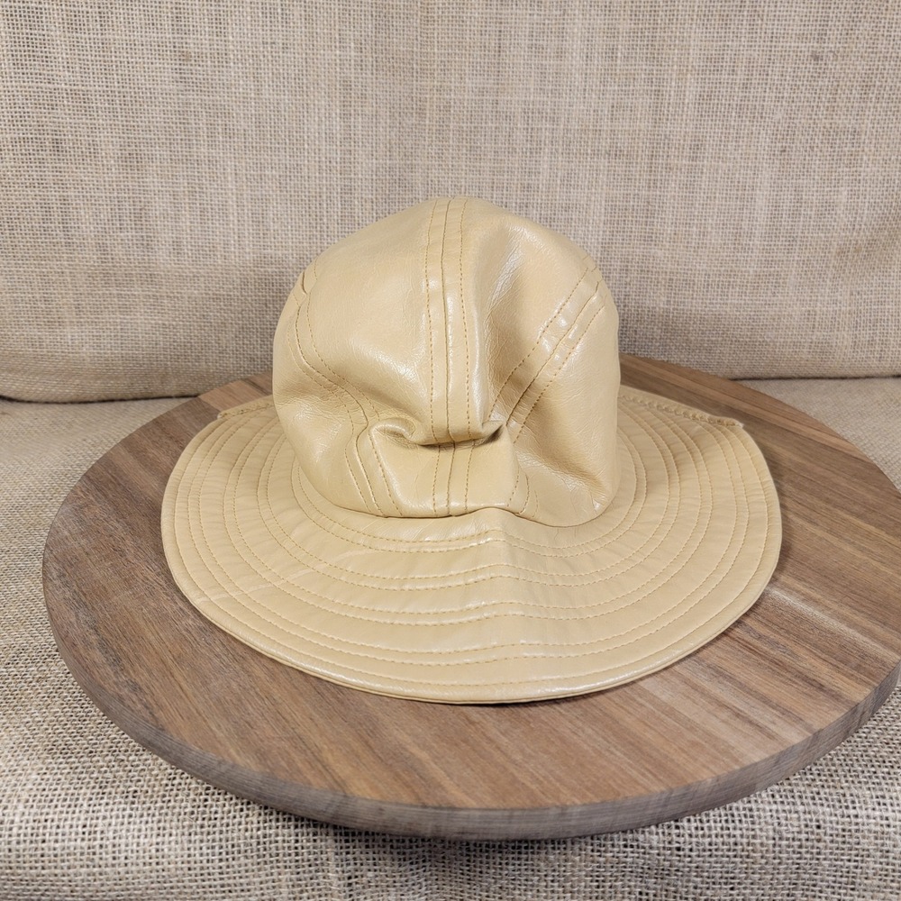 Vintage Women's Leather Hat Tan Beige Bucket Cap Wide Tapered Brim Sun Hat
